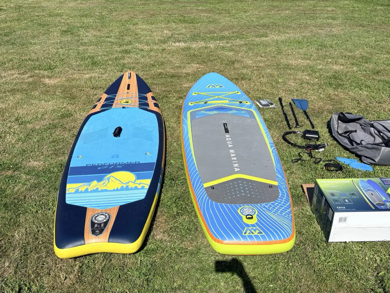 Aqua Marina Revolution and Body Glove Performer GTS inflatable paddle boards compared from above