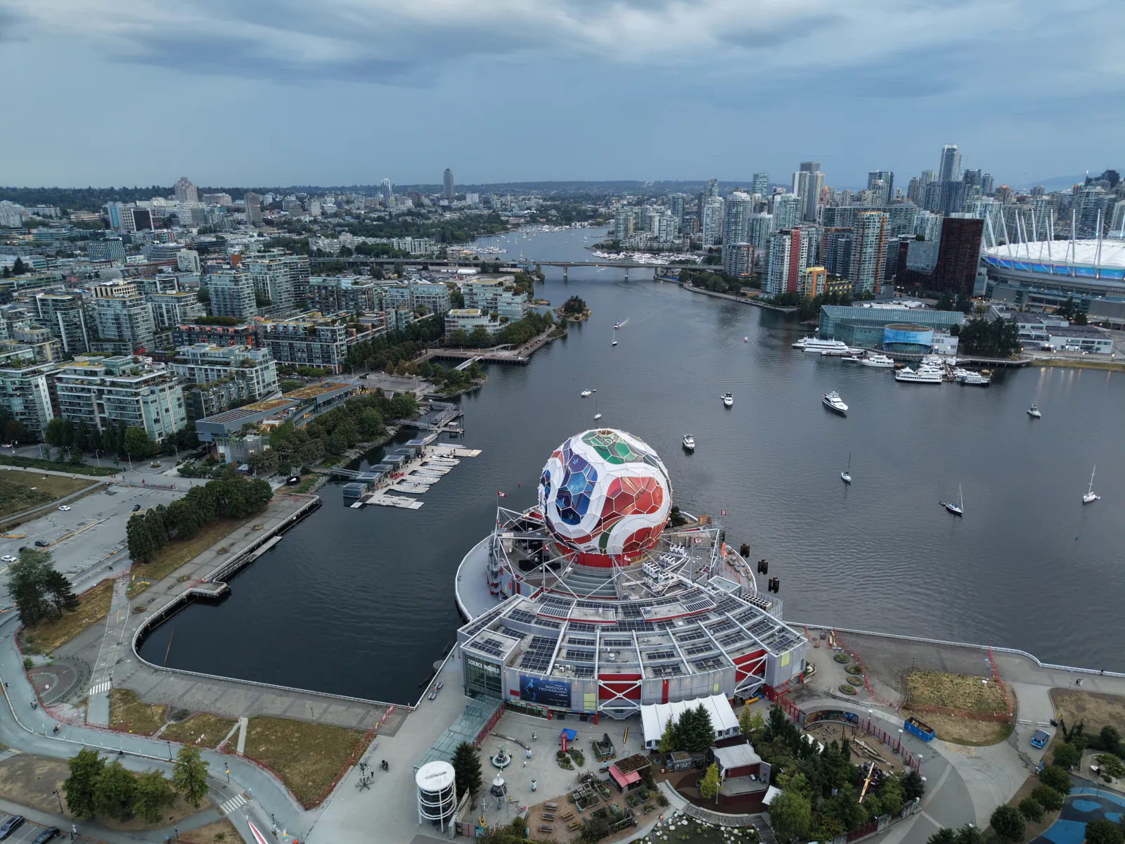 Science World Vancouver at night photographed with DJI Mini 5 Pro