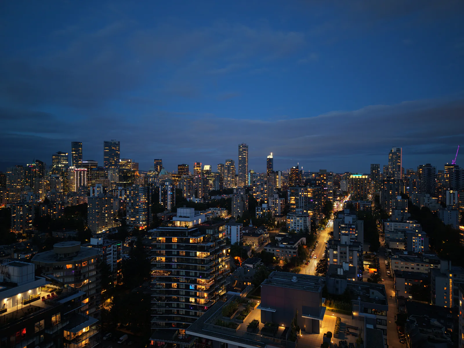 Vancouver skyline at blue hour photographed with DJI Mini 5 Pro