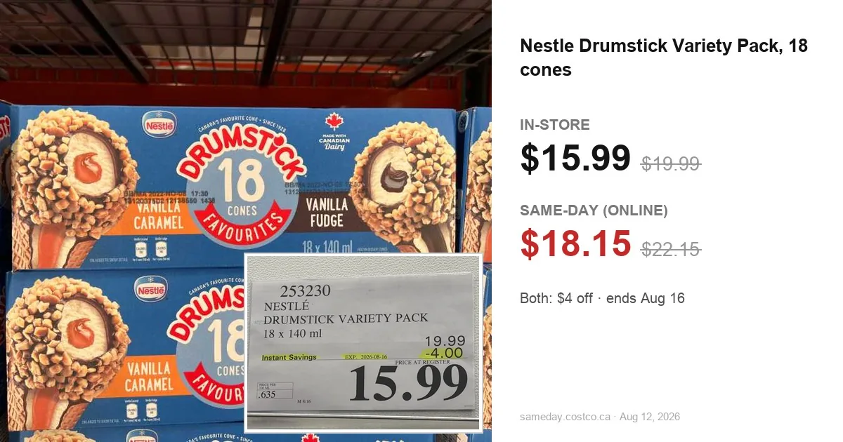 Nestle Drumstick 18-pack: in-store tag $15.99 vs Same-Day $18.15, both $4 off