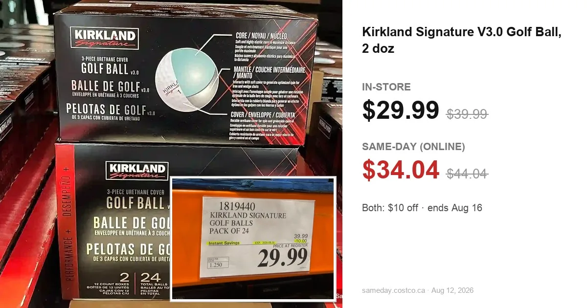 Kirkland golf balls: in-store tag $29.99 vs Same-Day $34.04, both $10 off